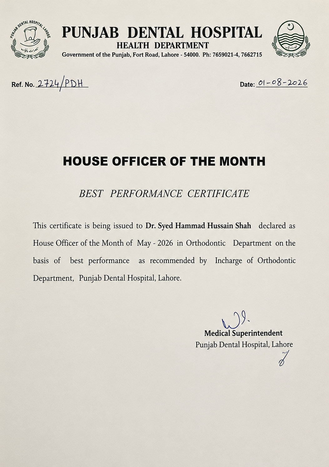 House Officer of the Month — May 2026, Punjab Dental Hospital