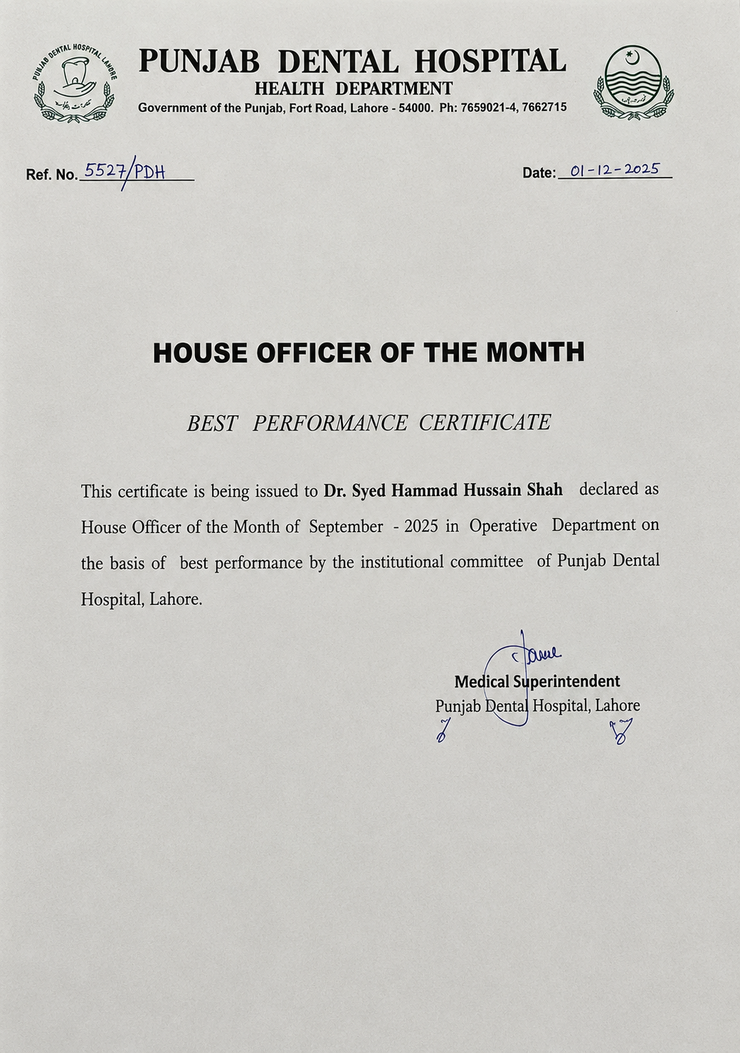 House Officer of the Month — September 2025, Punjab Dental Hospital